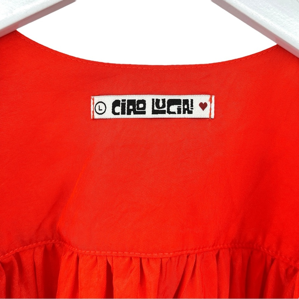 Ciao Lucia Sabrina Dress - Red Orange Bell Sleeve V-Neck Belted Mini Dress sz L - Picture 8 of 12